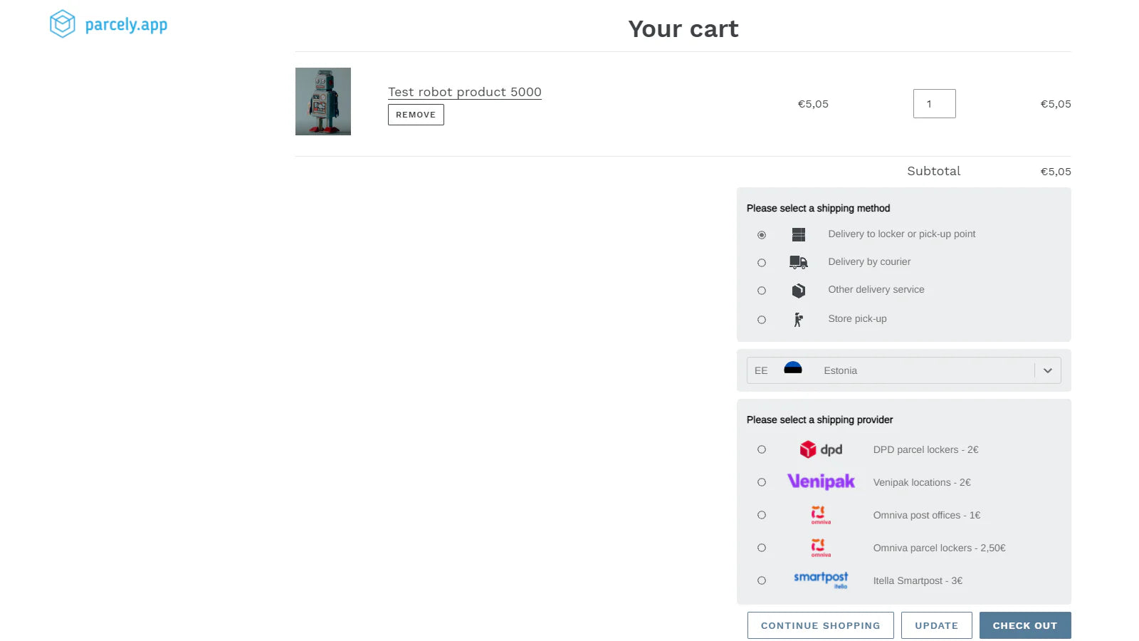 Parcely pakiautomaadi Shopify tarne app